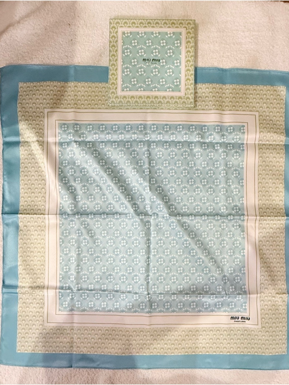Miu Miu Pale Blue and Cream Floral Logo Scarf